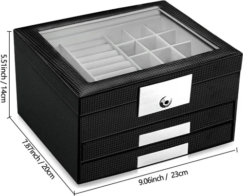 Vista 7 de Oyydecor Joyero con tapa de cristal organizador de joyas de piel sintética de 3 niveles con 2 cajones estuche de joyería portátil grande