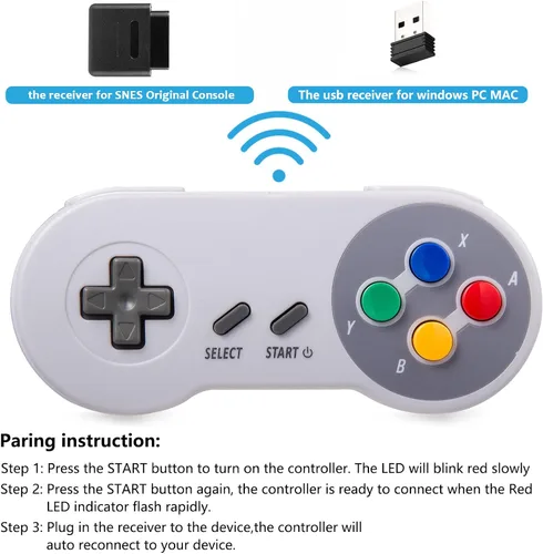 Vista 2 de Paquete de 2 controladores SNES inalámbricos para juegos retro, kiwitatá de 2.4 GHz remoto inalámbrico SNES Game Pad Controller para WindowsSNES
