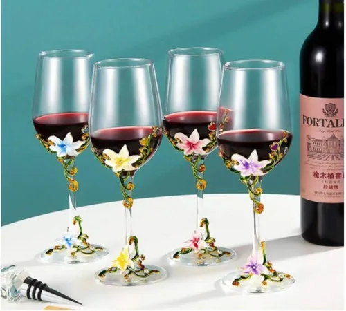 Vista 4 de Simcat Copa de Vino Pintada a Mano de Esmalte Floral Transparente Refinada, Pie para Cabernet, Regalos (Caja de regalo doble azul, 2 Cajas de regalo)