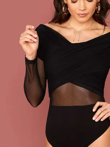Vista 3 de Verdusa Elegante body de malla transparente con hombros descubiertos para mujer