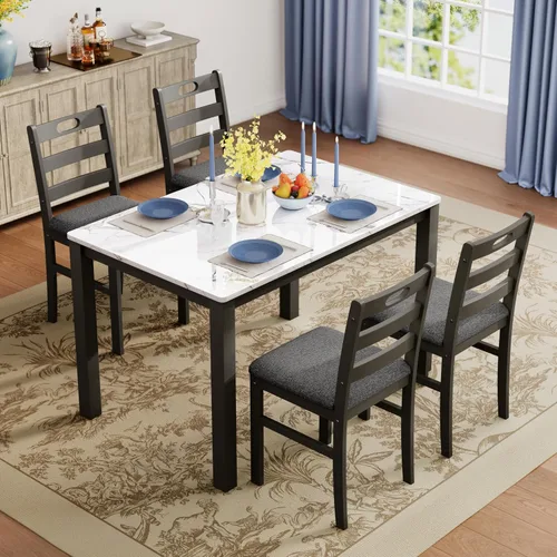 Vista 10 de PHI VILLA - Juego de mesa de comedor para 4, mesa y sillas de cocina con diseño de mármol Emperador Mármol Oscuro y Oliva
