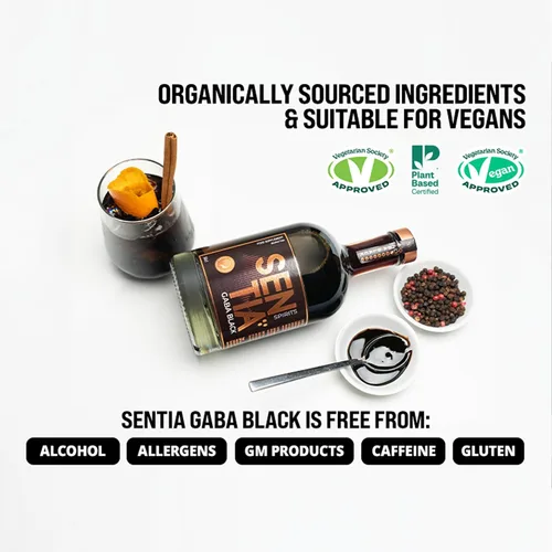 Vista 2 de Sentia Gaba Black, Licores Botánicos sin Alcohol, Premiados, Veganos, Sin Gluten y Libres de GM, Sabor Natural de Plantas, Sabor Ahumado y Picante