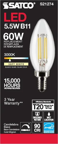Vista 3 de Satco S21274 - Bombilla LED B11 transparente de 5.5 W, 3000 K, blanco cálido, paquete de 6