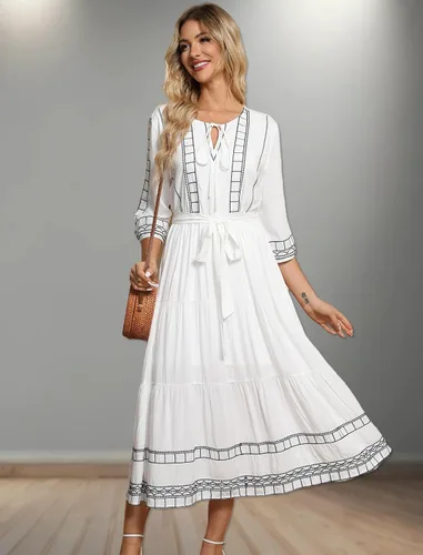 Vista 5 de LauraKlein Vestido bohemio bordado floral estilo étnico europeo manga 34 cuello en V vestidos midi para mujer vestido bohemio de primavera