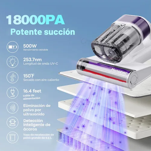Vista 2 de Aspirador de colchón, aspiradora de cama con succión de 18 Kpa y luz UV-C 2-Blanco