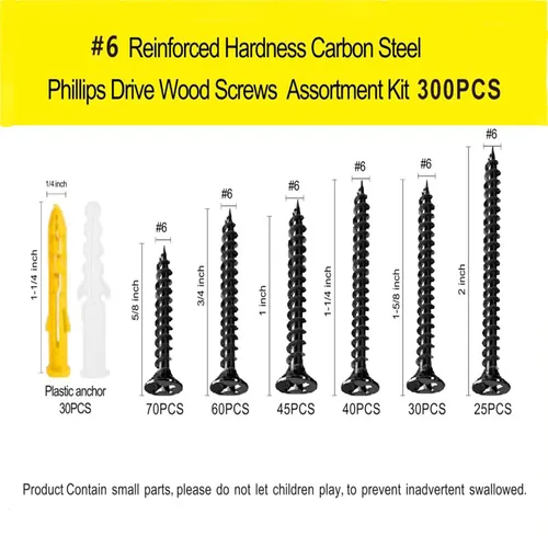 Vista 2 de Kit de Ensamblaje de Tornillos para Madera #6, Juego de Tornillos Autorroscantes de Cabeza Plana Phillips Drive, Tornillos Pequeños para Gabinetes