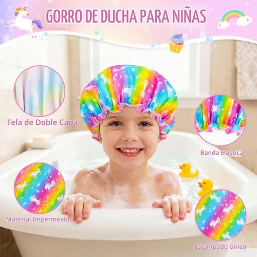 Vista 3 de Olypegic Gorro de ducha para niños, 3 piezas, para niñas, reutilizable, impermeable, ajustable, grande, con unicornio, sirena, arco iris, lindo