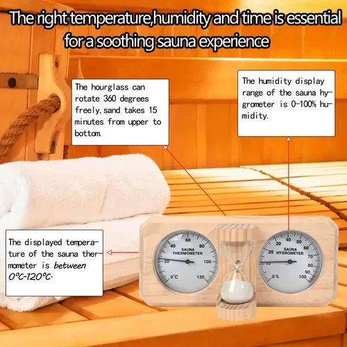 Vista 4 de ikare Termómetro e higrómetro para sauna 3 en 1 de madera con temporizador de arena de reloj de arena de 15 minutos, accesorios de pared para sauna