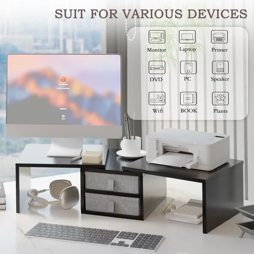 Vista 2 de TEAMIX Soporte para monitor dual con 2 cajones - Longitud y ángulo ajustables, elevador de monitor de 3 estantes con almacenamiento, organizador