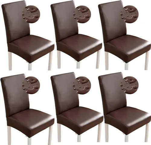 Vista 20 de Shukii Fundas elásticas para sillas de comedor, impermeables, de piel sintética, fundas protectoras universales para sillas de comedor, cocina Beige