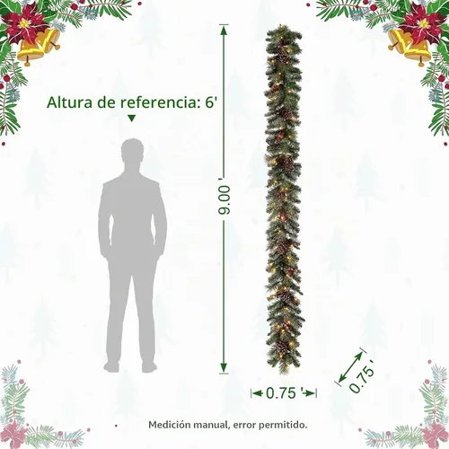 Vista 5 de Glitzhome - Guirnalda de Navidad de 9 pies con luces, guirnalda de Navidad para repisa, guirnalda de Navidad artificial preiluminada con conos