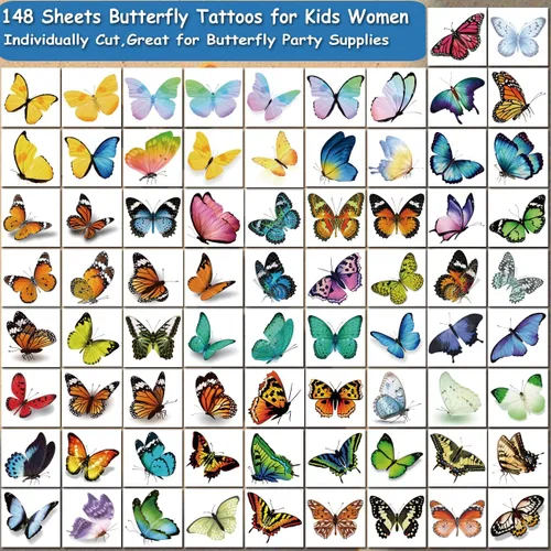 Vista 2 de CHARLENT 148 hojas individuales de tatuajes temporales de mariposa para niñas y mujeres, tatuajes de mariposa realistas 3D para niños, regalos