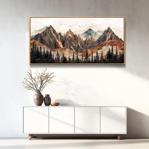 Vista 9 de XIGUANGART Arte de pared enmarcado de montaña, decoración de pared de montañas horizontales largas, pintura de pared de naturaleza de pinos