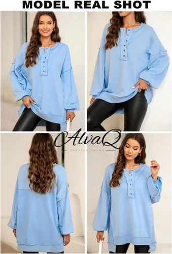 Vista 97 de AlvaQ - Sudadera de gran tamaño para mujer, informal, de manga larga, con botones y cuello Henley, tipo túnica