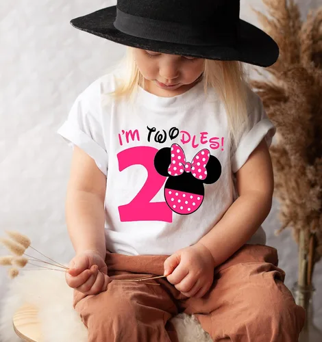 Vista 5 de Twodles - Camiseta de cumpleaños de Minnie para niñas pequeñas, traje de segundo y tercer cumpleaños