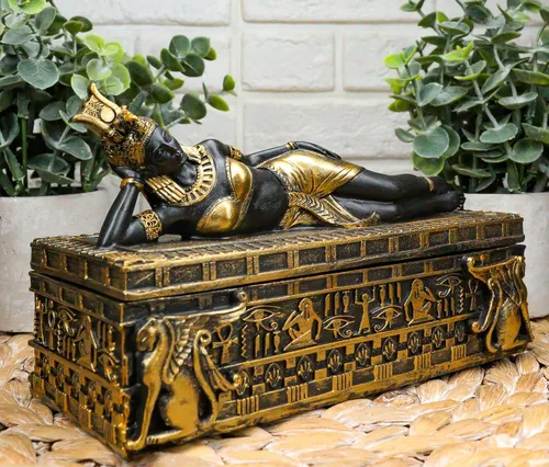 Vista 9 de Ebros - Joyero decorativo de 8 pulgadas de largo, diseño de reina egipcia antigua, Cleopatra, en reposo, personificación de la diosa Isis patrona