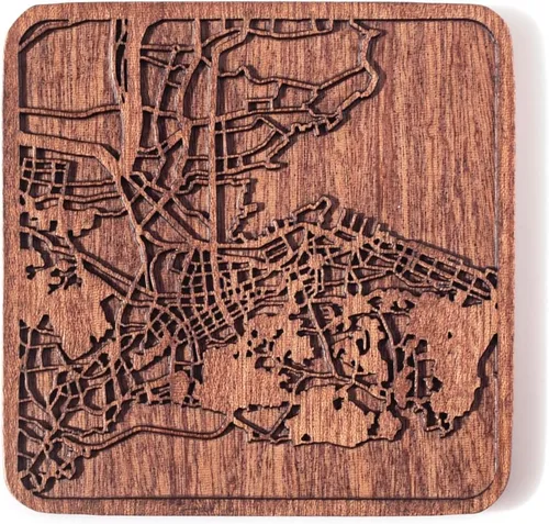 Vista 17 de Posavasos Amsterdam Map by O3 Design Studio, 1 pieza, posavasos de madera Sapele con mapa de la ciudad, hecho a mano, varias ciudades opcionales