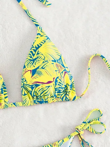 Vista 3 de Traje de baño de cintura alta para mujer, estampado floral, triángulo, halter, conjunto de bikini de 2 piezas