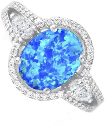 Vista 2 de Savlano Anillo de ópalo azul ovalado chapado en oro blanco de 14 quilates con circonita cúbica para mujeres y niñas, viene con una caja de regalo