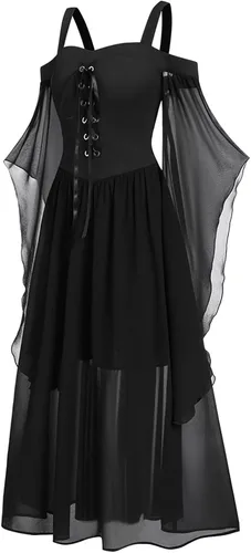 Vista 3 de pbnbp Trajes de Halloween para mujer y niña manga corta cuello sabrina vestido medieval corsé irlandés disfraz renacentista
