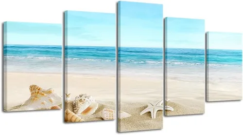 Vista 7 de Pyradecor, paisaje de playa en 5 paneles, lienzo Giclee de paisaje marino, impreso en lienzo moderno, tensado y encuadrado, arte para pared