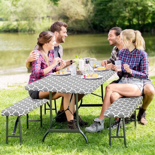Vista 7 de Senneny Juego de 3 fundas para mesa de picnic ajustables con funda de banco y bolsa con cordón, mantel de vinilo 100% impermeable con respaldo
