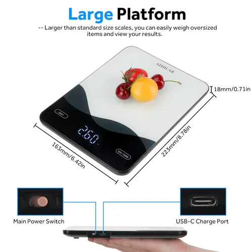 Vista 10 de AIMILAR - Báscula de cocina digital recargable de 22 lb con pantalla LED, báscula de alimentos recargable por USB C para hornear y cocinar con onzas