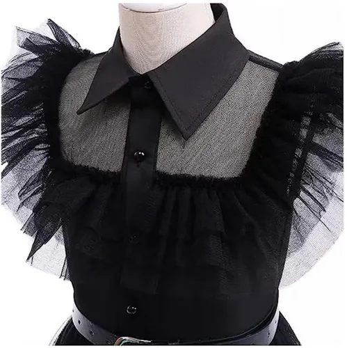 Vista 5 de Mordarli Vestido de disfraz negro para niñas con accesorios con peluca, guantes, calcetines y collar