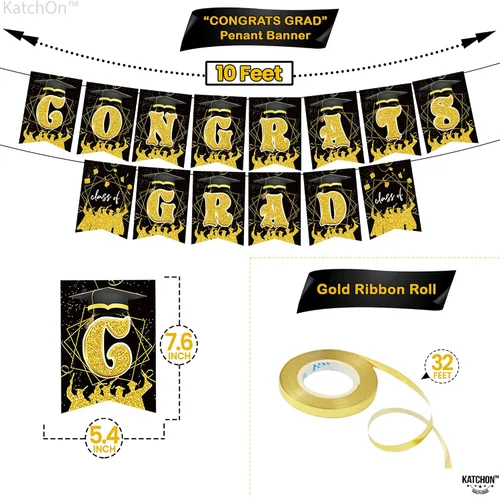 Vista 2 de KatchOn, Cartel de graduación de felicitaciones negras y doradas – Paquete de 37 Cartel de graduación de felicitaciones para decoraciones