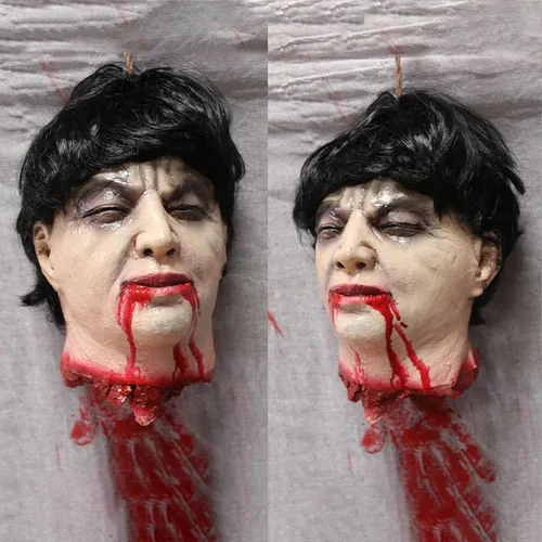 Vista 23 de Decoraciones colgantes de cabeza dividida para Halloween, cuerpo sangriento aterrador, cuerpo sangriento, tamaño real, real, accesorios de colgante