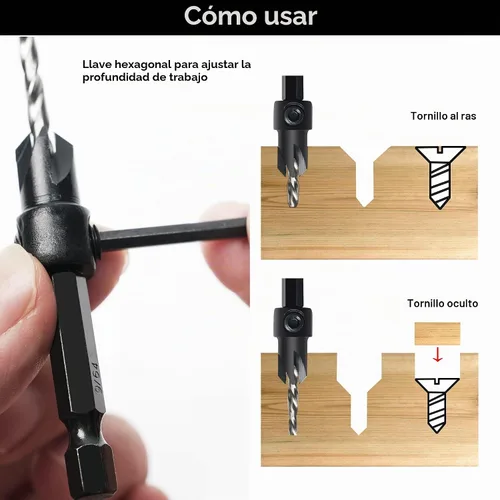 Vista 4 de Juego de Brocas Avellanadas GMTOOLS, 3 Piezas de Brocas Cónicas M2 HSS, con Vástago Hexagonal de 1/4" de Cambio Rápido y Llave Allen, Juego