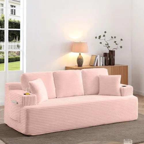 Vista 40 de Sofá sin hueso de 66.5 pulgadas con portavasos y bolsillos laterales, sofá biplaza tapizado de tela de pana moderna con 2 almohadas para sala