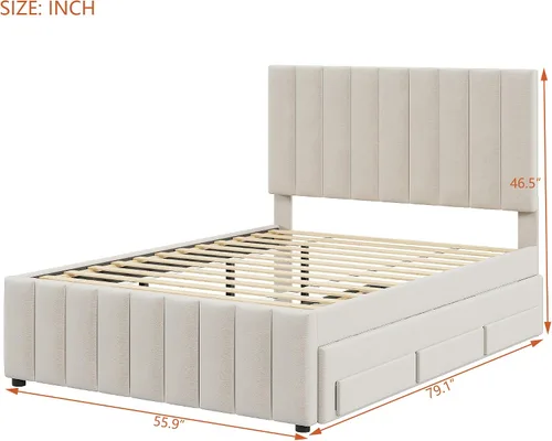 Vista 2 de Cama de plataforma tapizada de tamaño matrimonial con nido de tamaño individual y 3 cajones, plataforma tapizada de tela de lino con cabecero a
