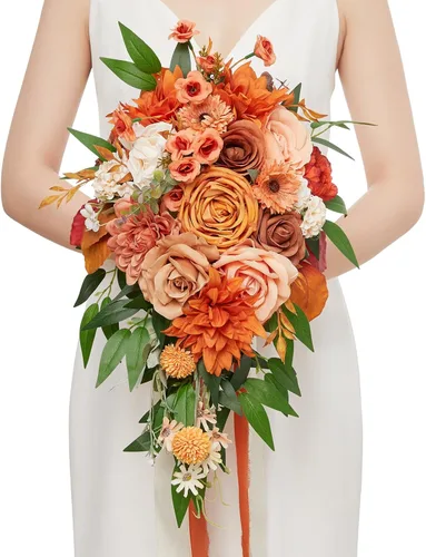 Vista 22 de Serwalin Ramos de boda de 9.8 pulgadas para novia y dama de honor, peonías rosa empolvado, ramos de flores de novia para boda, ramo de lanzamiento
