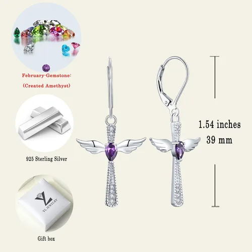 Vista 6 de YL Pendientes de cruz de plata de ley 925 con alas de ángel, pendientes de lágrima y piedras natales colgantes, Metal