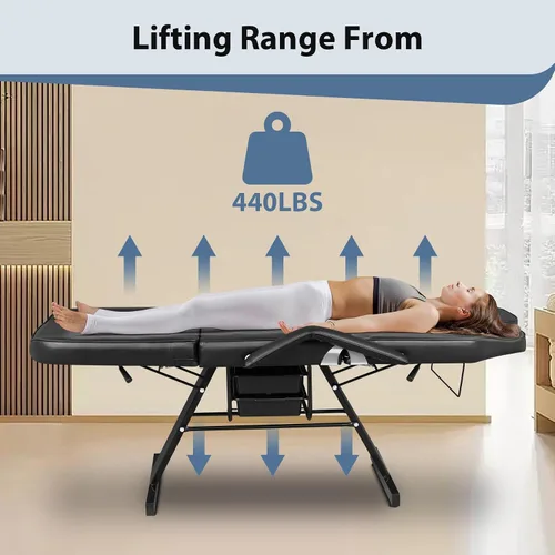 Vista 7 de Bigbiglife Cama de tatuaje de salón de masaje con cesta de belleza, cama de masaje profesional de 3 pliegues de altura ajustable para spa salón