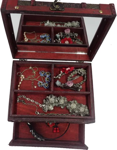Vista 3 de ISOTO Joyero de madera retro vintage, caja de almacenamiento organizadora, caja de almacenamiento con espejo para novias y mujeres, para el día