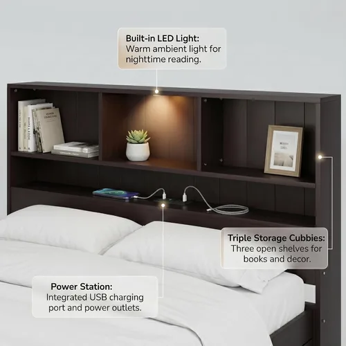 Vista 7 de MERITLINE Cama individual con cabecera de almacenamiento, cajones, estación de carga y luces LED, plataforma de madera con estantería