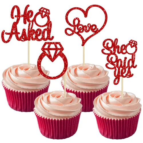 Vista 8 de Gyufise Paquete de 24 adornos para cupcakes con purpurina negra con la frase "He Asked She Said Yes" para cupcakes, anillos de corazón con purpurina