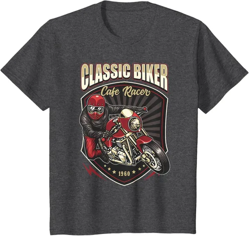 Vista 32 de Camiseta de motocicleta clásica Biker Cafe Racer para hombre, Negro, S