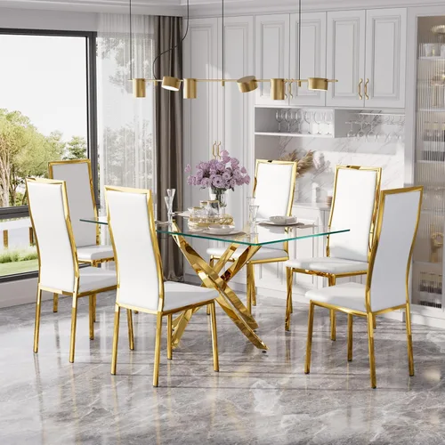 Vista 39 de Juego de mesa de comedor de cristal dorado moderno de 63 pulgadas para 6, juego de mesa de cocina rectangular de 7 piezas con patas de acero Negro