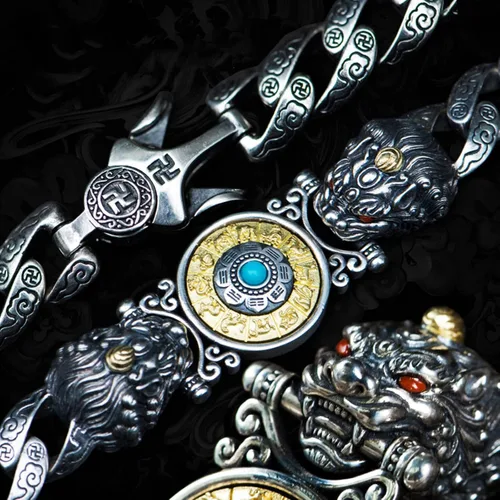 Vista 2 de Atraer la riqueza dinero y buena suerte, rueda de oración tibetana + mantra OM + pulsera Vajra Pestle, pulsera giratoria de plata de ley S925 Feng