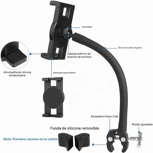 Vista 4 de Mippko Soporte para tableta para cinta de correr/elíptica/bicicleta giratoria/pelotón/ciclo interior, brazo de cuello de cisne, soporte