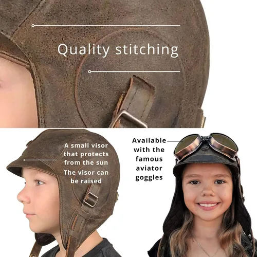 Vista 4 de Sombrero de aviador para niños, cuero marrón real, disfraz, casco volador de piloto, sombrero steampunk para niños