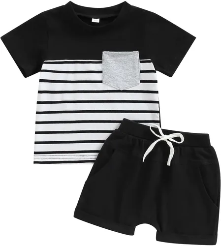 Vista 28 de Conjunto de traje de verano para bebé niño pequeño, manga corta, cuello redondo, letras impresas, lindo traje de verano, conjunto de 2 piezas