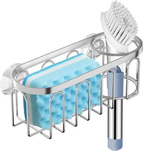 Vista 7 de Soporte de esponja 2 en 1 para fregadero de cocina, organizador de fregadero de cocina con 3 ventosas, soporte de esponja para fregadero a prueba