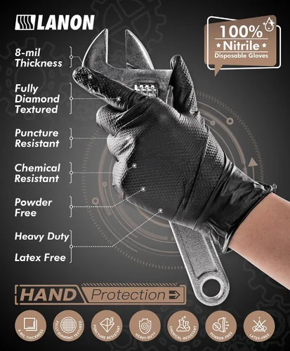 Vista 2 de LANON Black Nitrile Disposable Gloves, EN ISO 374 Chemical Resistant, Heavy-Duty, Mechanic, Textured Fingertips, Latex-Free
