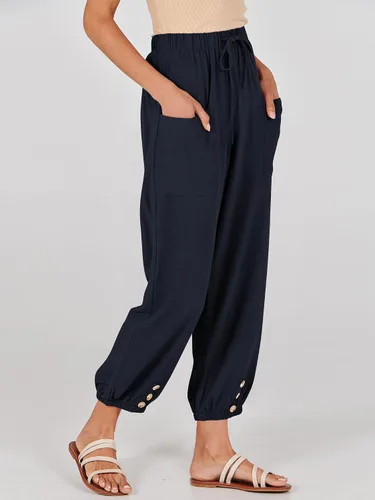 Vista 2 de ANRABESS Pantalones de lino de verano para mujer, estilo casual, pierna ancha, con cordón en la cintura, pantalones palazzo recortados