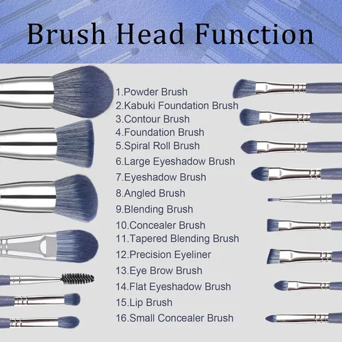 Vista 2 de Brochas de Maquillaje, HEYMKGO Juego de 16 Brochas de Maquillaje Profesionales Sintéticas para Base Difuminado Rubor Brochas Faciales, Kit de Azul