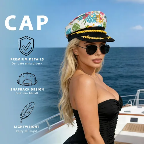 Vista 3 de Sombrero de capitán marinero, sombrero azul marino, yate, barco, tropical, hawaiano, flores, regalos de fiesta, accesorios de disfraz para mujeres